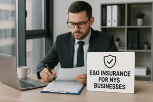 Illustration of a professional signing an insurance policy document, symbolizing protection through Errors and Omissions Insurance for NYS service providers.