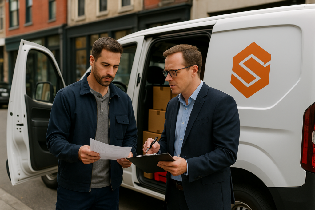 Driver in branded business vehicle reviewing commercial auto insurance documents