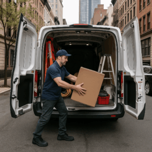 Business owner loading equipment into a service van in NYC, representing inland marine insurance coverage for mobile assets