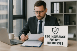 Illustration of a professional signing an insurance policy document, symbolizing protection through Errors and Omissions Insurance for NYS service providers.