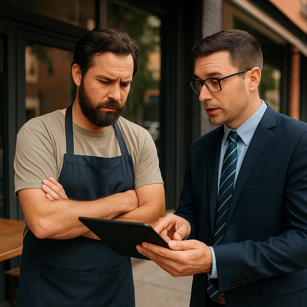 Business owner reviewing general liability insurance myths with advisor at desk